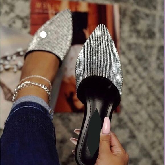 BLACK VEGAN SUEDE RHINESTONE MULE - Picture 1 of 5